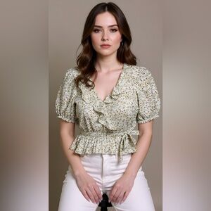 NWT - 1. State Floral Ruffle Blouse - White and Green - Size M